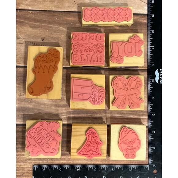 LOT OF 9 CRAFTSMART RECOLLECTIONS HOLIDAY WOOD MOUNTED RUBBER STAMPS - Picture 2 of 4